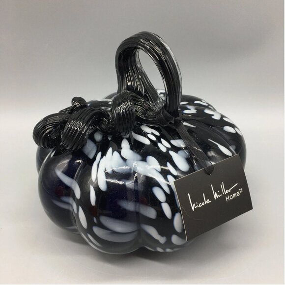 Nicole Miller Hand Blown Art Glass Pumpkin Black White Spots Designer Fall Decor - Picture 1 of 8